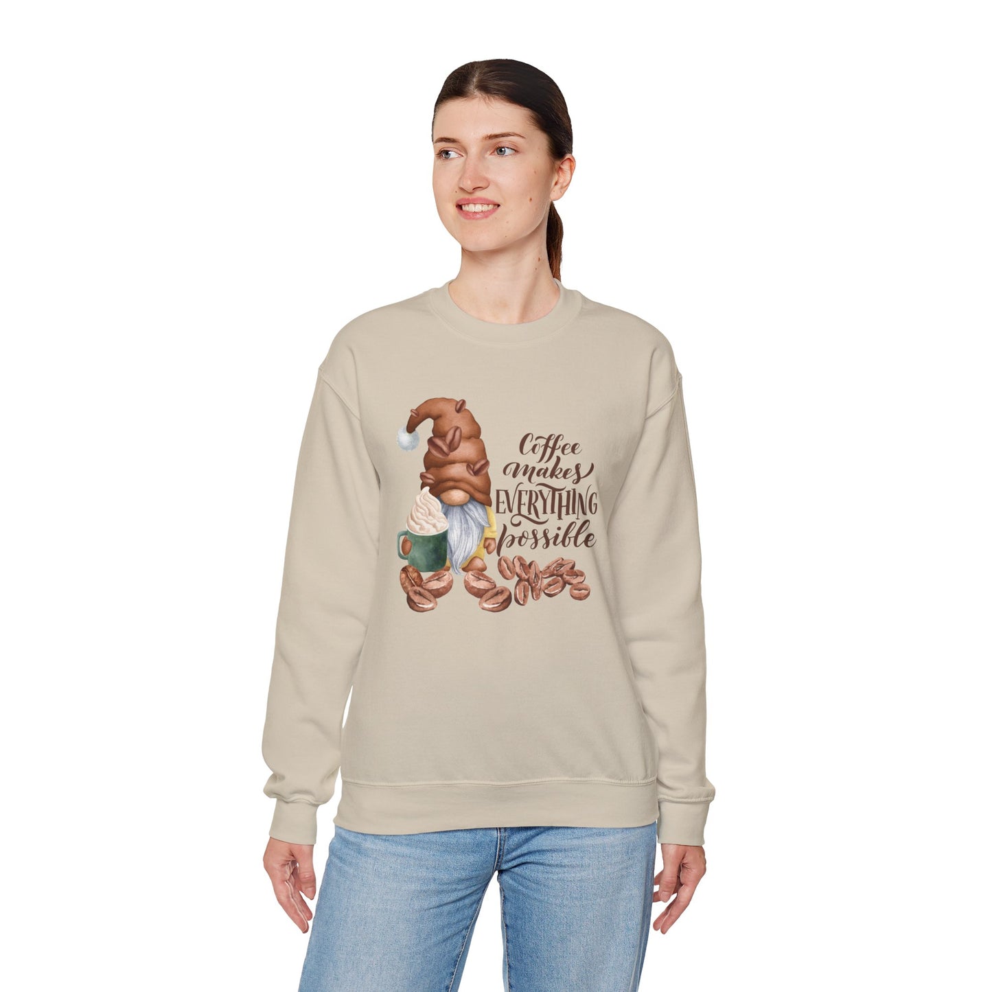 Coffee Makes Everything Possible Sweatshirt, Cozy Gift for Coffee Lovers, Fall Fashion, Gnome Design, Unisex Crewneck Sweatshirt, Perfect