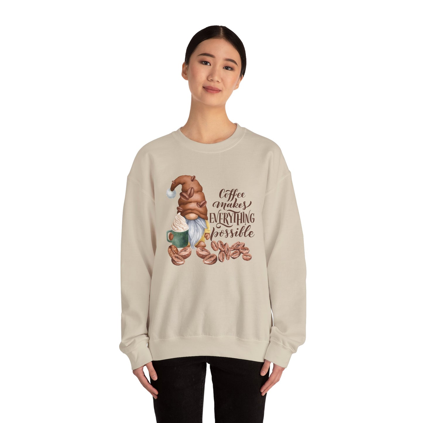 Coffee Makes Everything Possible Sweatshirt, Cozy Gift for Coffee Lovers, Fall Fashion, Gnome Design, Unisex Crewneck Sweatshirt, Perfect