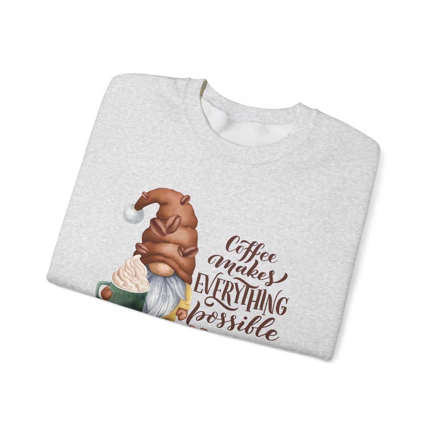 Coffee Makes Everything Possible Sweatshirt, Cozy Gift for Coffee Lovers, Fall Fashion, Gnome Design, Unisex Crewneck Sweatshirt, Perfect