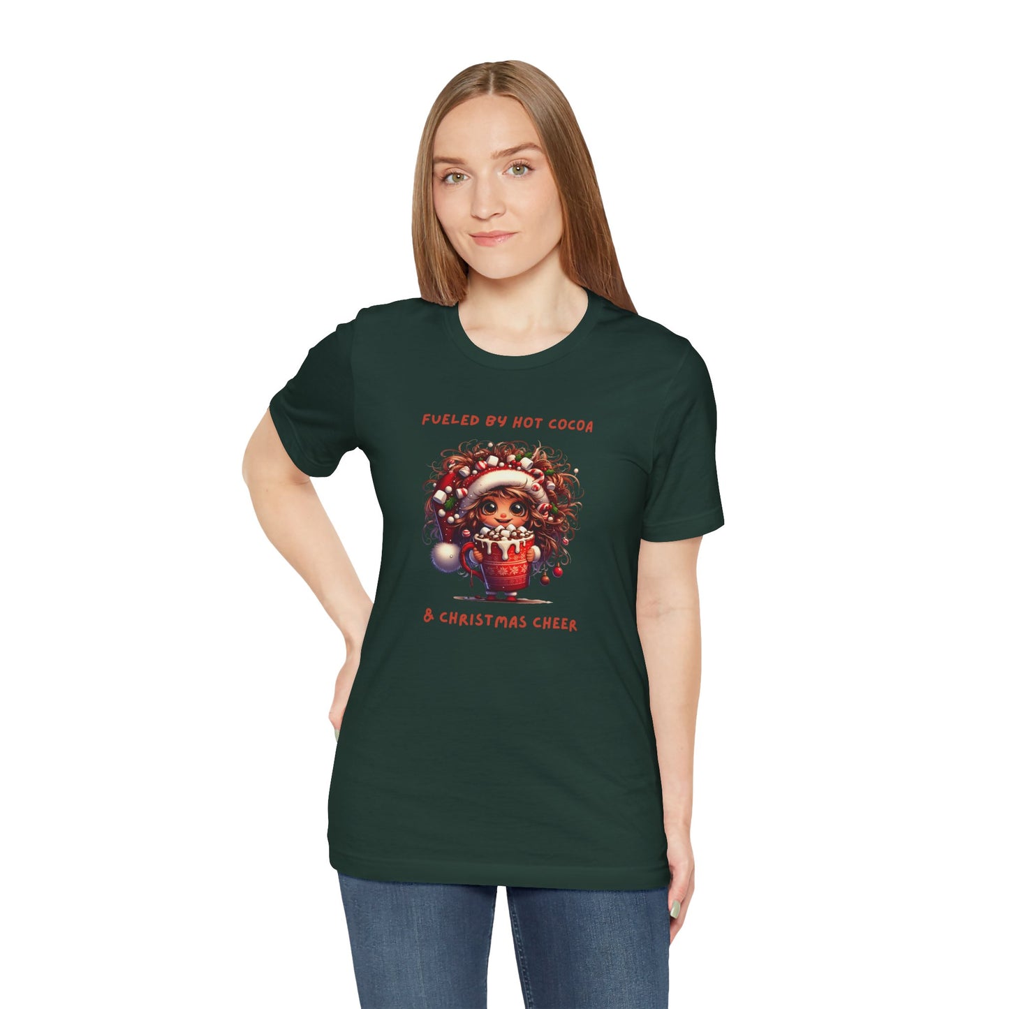 Fueled by Hot Cocoa and Holiday cheer Christmas Cheer Cocoa Womans Tee, Holiday T-Shirt, Unisex Festive Shirt, Cozy Winter Apparel, Christmas Gift for Her