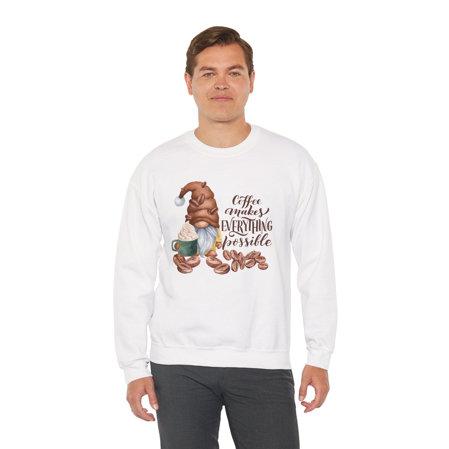Coffee Makes Everything Possible Sweatshirt, Cozy Gift for Coffee Lovers, Fall Fashion, Gnome Design, Unisex Crewneck Sweatshirt, Perfect