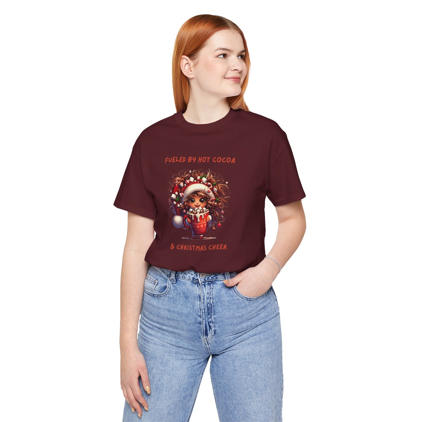 Fueled by Hot Cocoa and Holiday cheer Christmas Cheer Cocoa Womans Tee, Holiday T-Shirt, Unisex Festive Shirt, Cozy Winter Apparel, Christmas Gift for Her