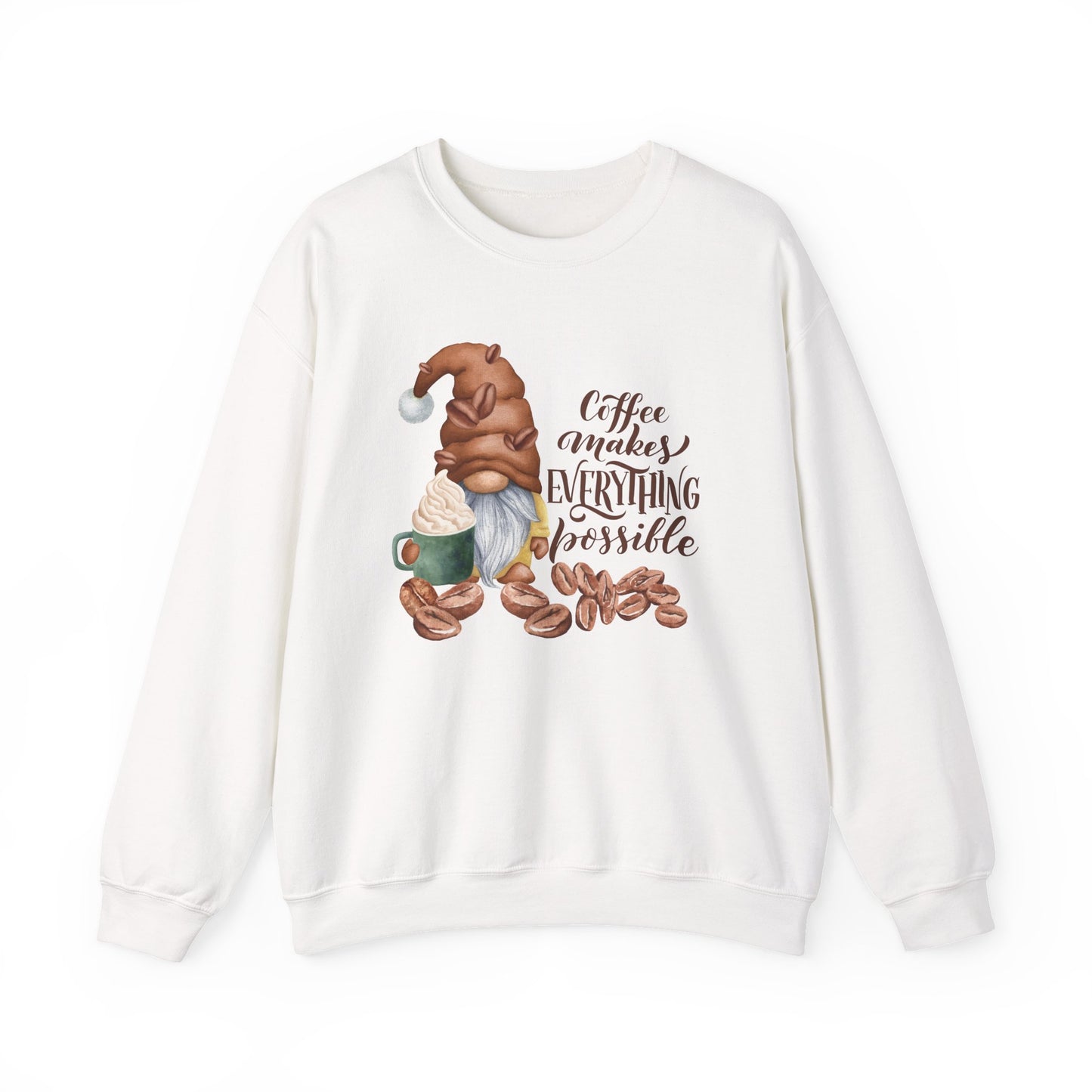 Coffee Makes Everything Possible Sweatshirt, Cozy Gift for Coffee Lovers, Fall Fashion, Gnome Design, Unisex Crewneck Sweatshirt, Perfect