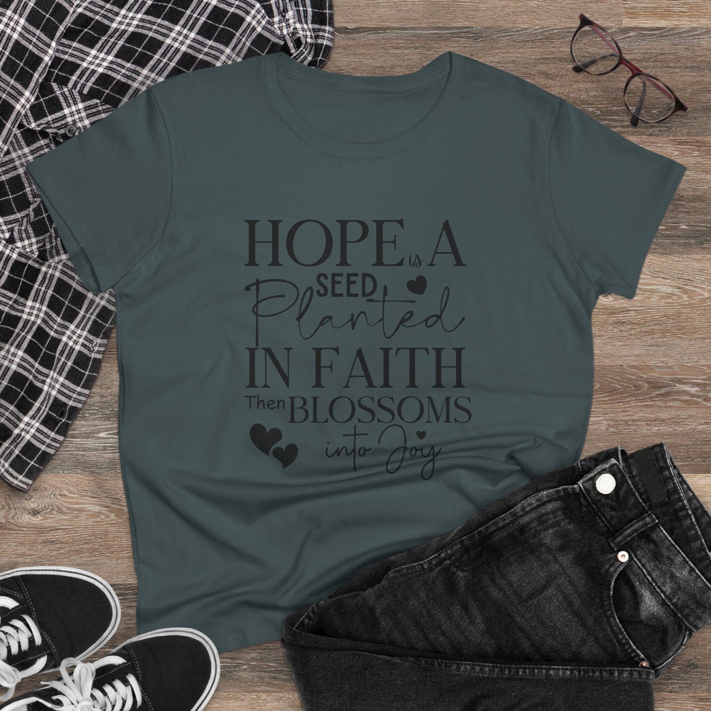 Hope is a seed planted in faith that turns into joy", Women's Semi Fit Tee