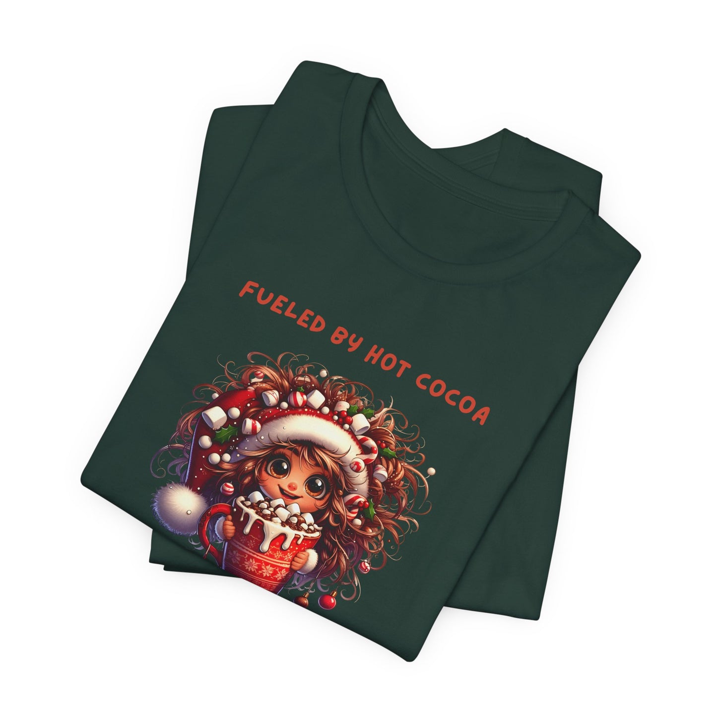 Fueled by Hot Cocoa and Holiday cheer Christmas Cheer Cocoa Womans Tee, Holiday T-Shirt, Unisex Festive Shirt, Cozy Winter Apparel, Christmas Gift for Her