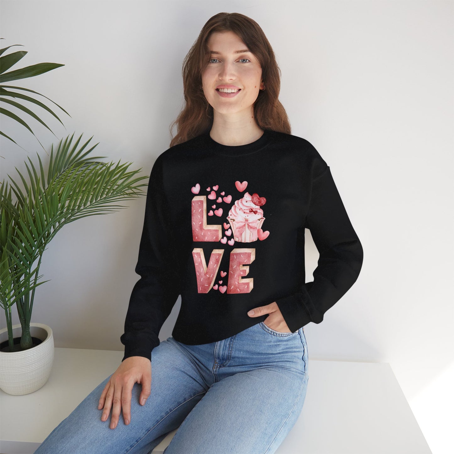 Stacked "Love" Cupcake Sweatshirt, Valentine's Day Gift, Cozy Unisex Sweater, Sweetheart Top, Romantic Apparel