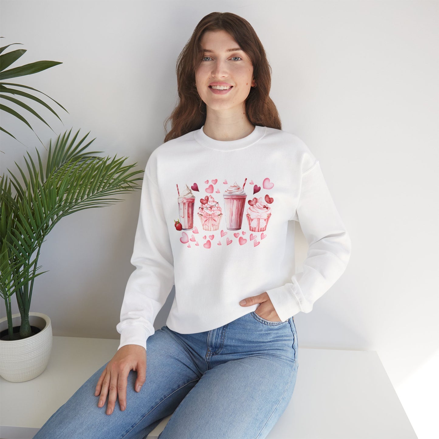 Sweet Treats Love Sweatshirt, Cozy Valentine's Gift, Cute Cupcake Apparel, Dessert Lover Crewneck, Girls' Night Out Style, Heart-Themed