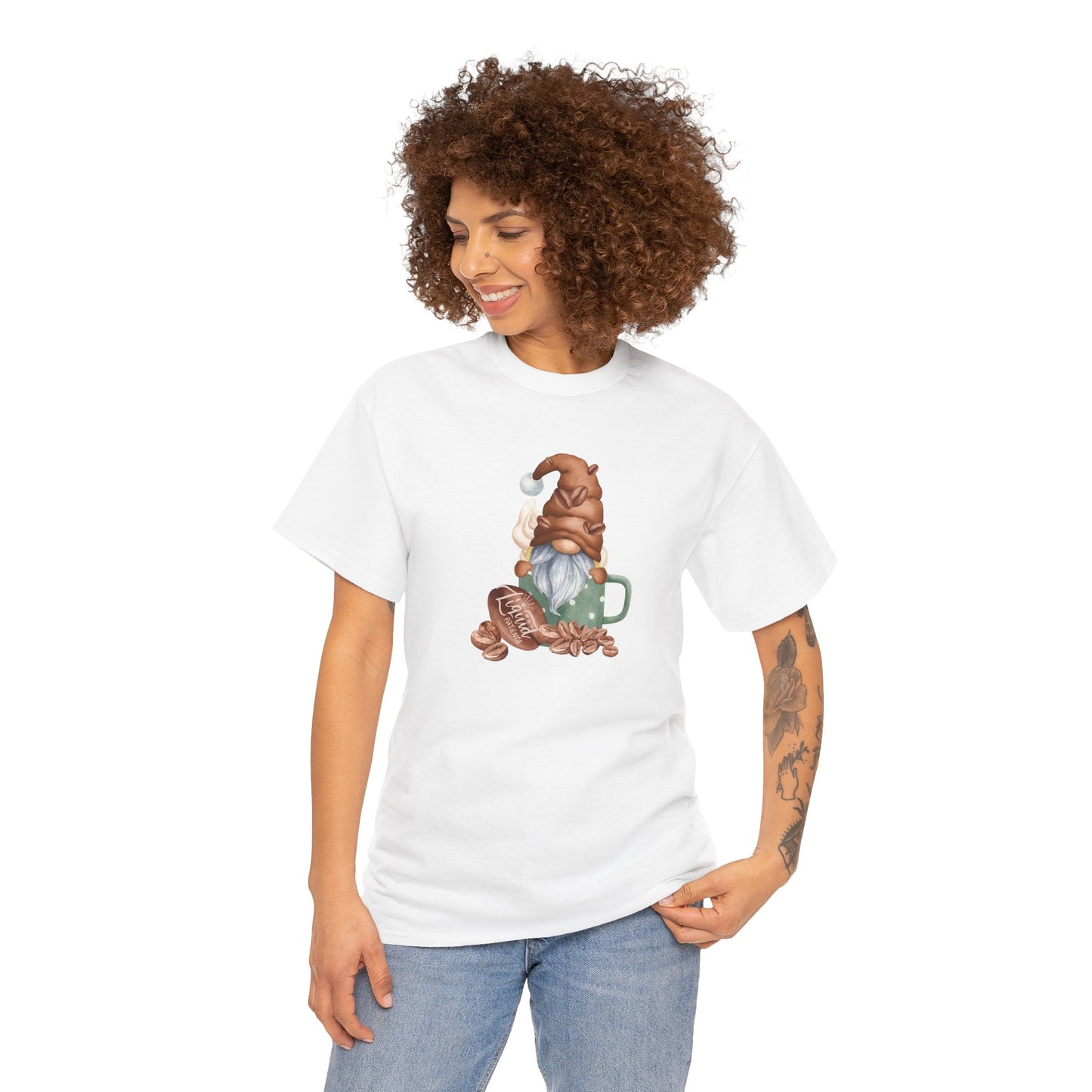 Cozy Coffee Gnome Tee, Unisex Heavy Cotton Tee, Perfect for Coffee Lovers, Holiday Gift, Cute Gnome Shirt, Casual Wear, Festive Attire