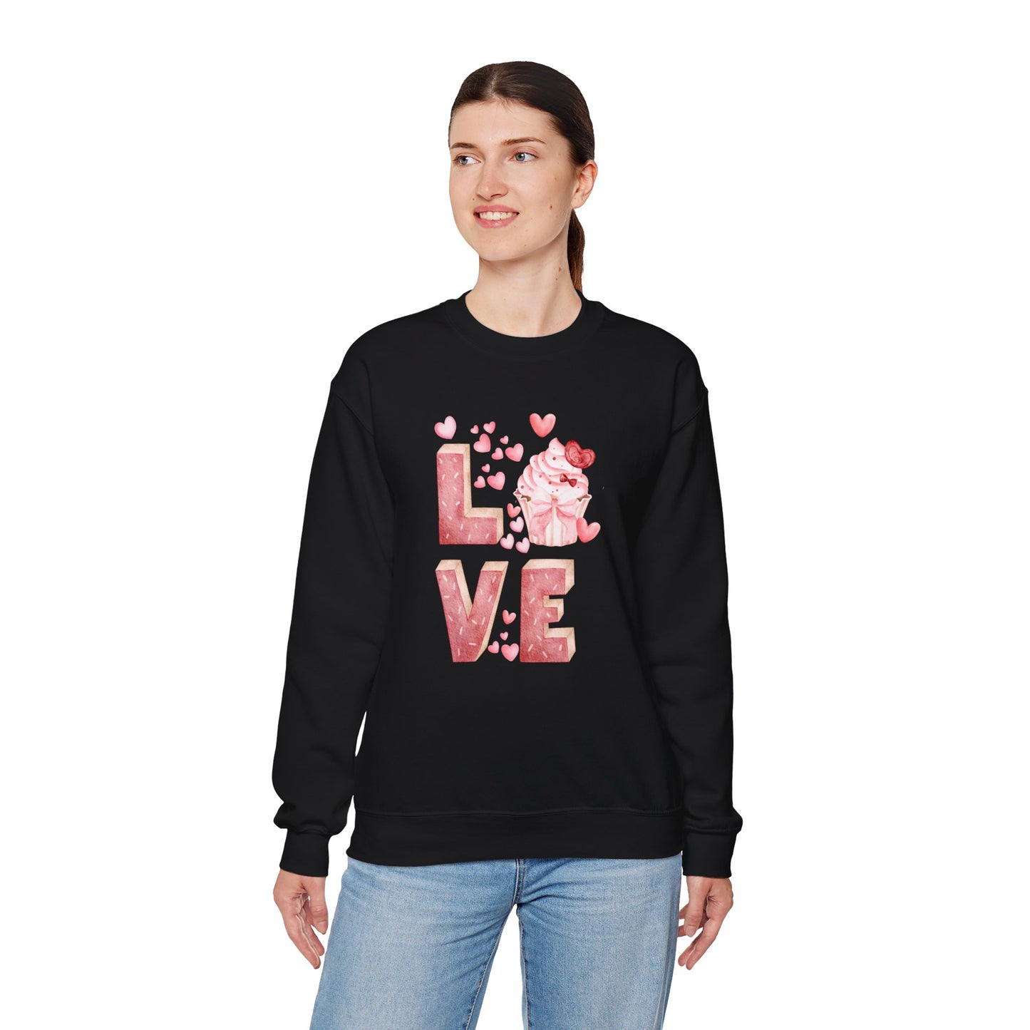 Stacked "Love" Cupcake Sweatshirt, Valentine's Day Gift, Cozy Unisex Sweater, Sweetheart Top, Romantic Apparel