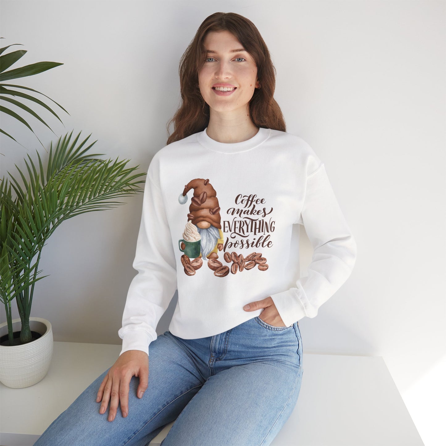 Coffee Makes Everything Possible Sweatshirt, Cozy Gift for Coffee Lovers, Fall Fashion, Gnome Design, Unisex Crewneck Sweatshirt, Perfect