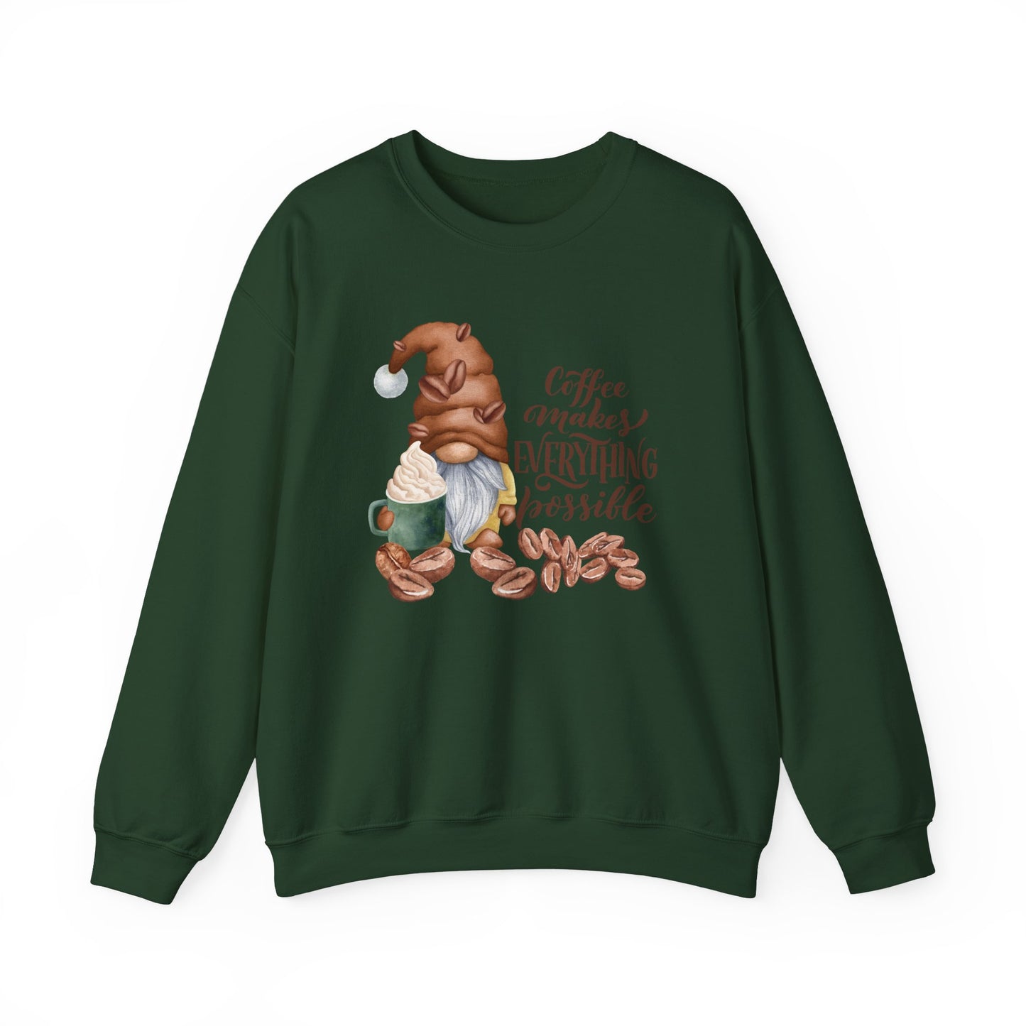 Coffee Makes Everything Possible Sweatshirt, Cozy Gift for Coffee Lovers, Fall Fashion, Gnome Design, Unisex Crewneck Sweatshirt, Perfect