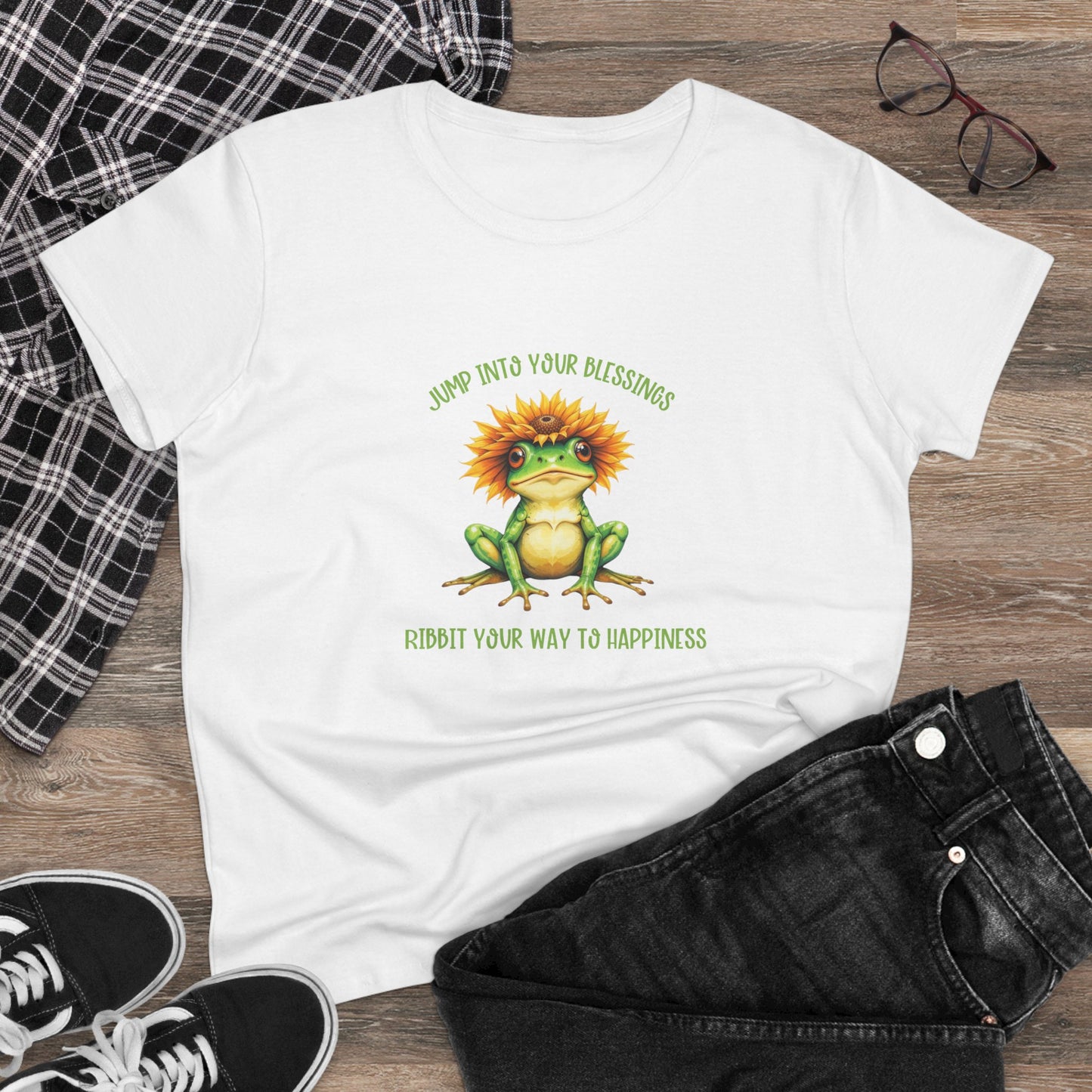Jump Into Your Blessings Ribbit your way to happiness cute frog Womans semi fit tee