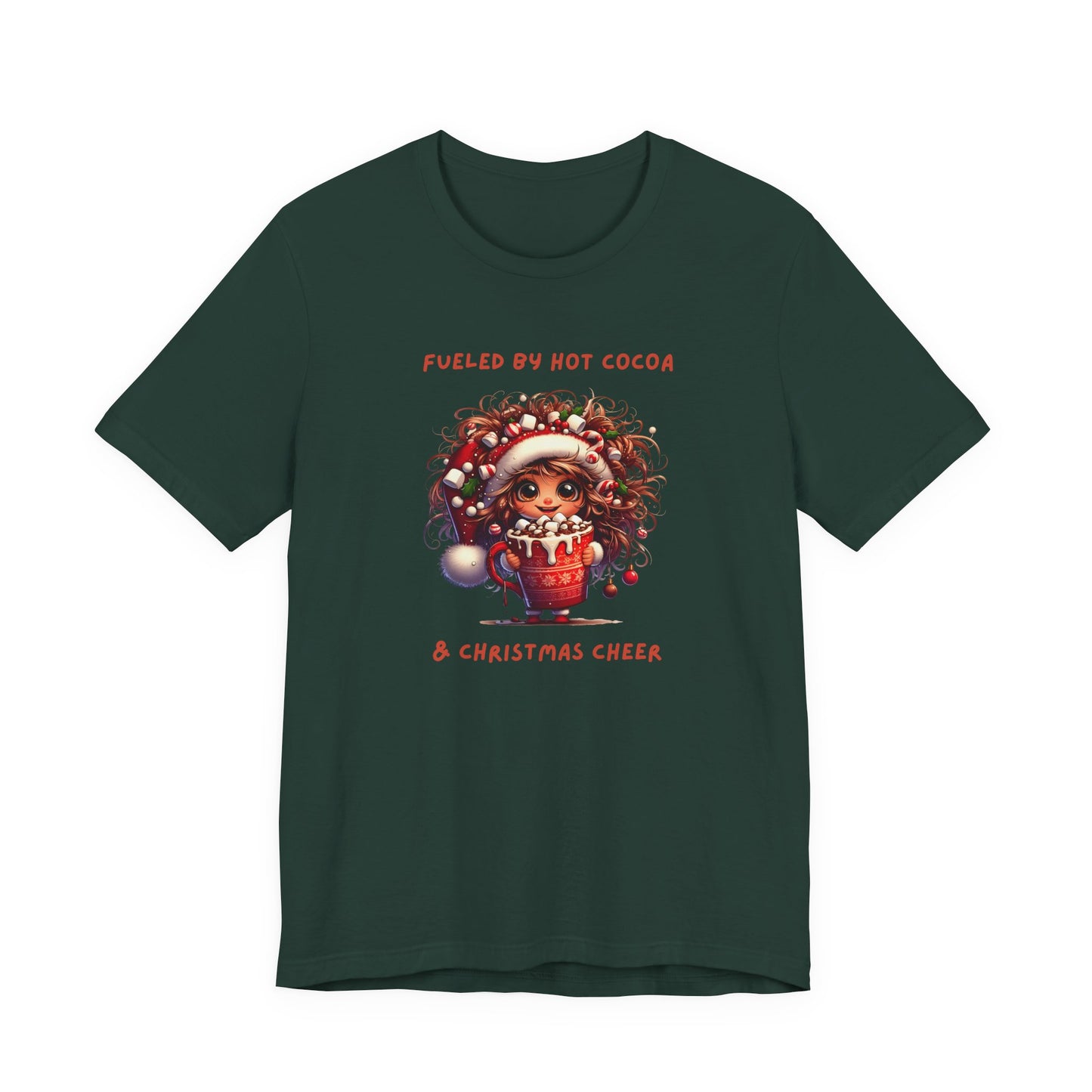 Fueled by Hot Cocoa and Holiday cheer Christmas Cheer Cocoa Womans Tee, Holiday T-Shirt, Unisex Festive Shirt, Cozy Winter Apparel, Christmas Gift for Her