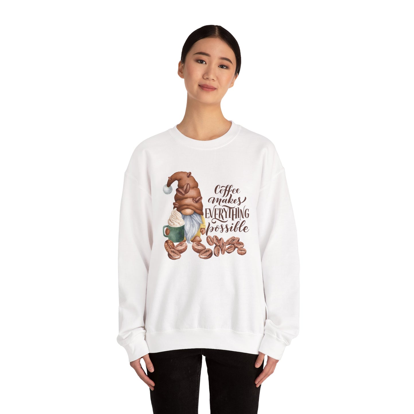 Coffee Makes Everything Possible Sweatshirt, Cozy Gift for Coffee Lovers, Fall Fashion, Gnome Design, Unisex Crewneck Sweatshirt, Perfect