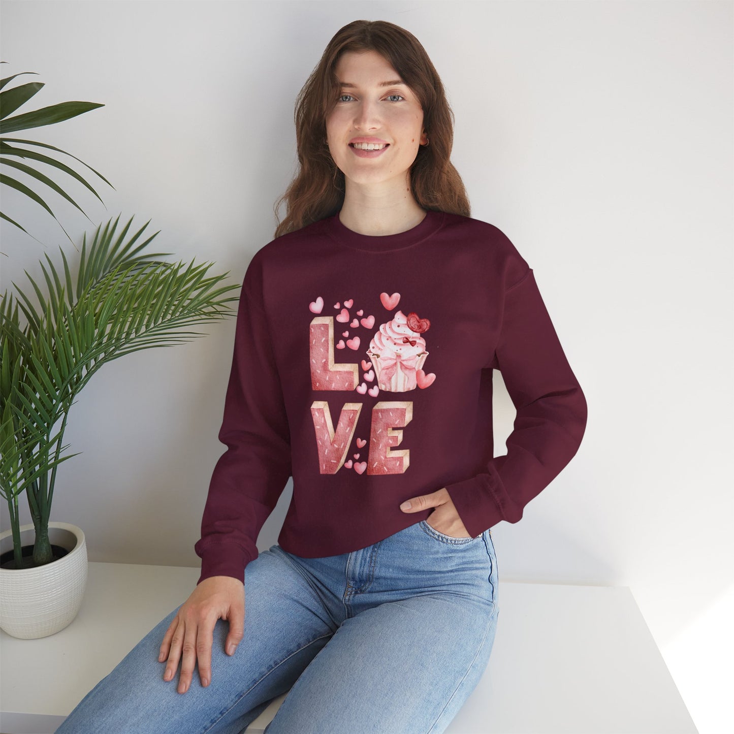 Stacked "Love" Cupcake Sweatshirt, Valentine's Day Gift, Cozy Unisex Sweater, Sweetheart Top, Romantic Apparel