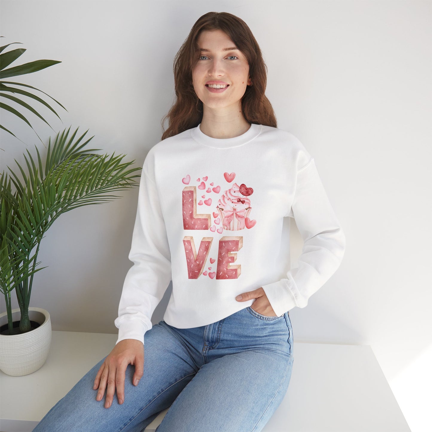 Stacked "Love" Cupcake Sweatshirt, Valentine's Day Gift, Cozy Unisex Sweater, Sweetheart Top, Romantic Apparel