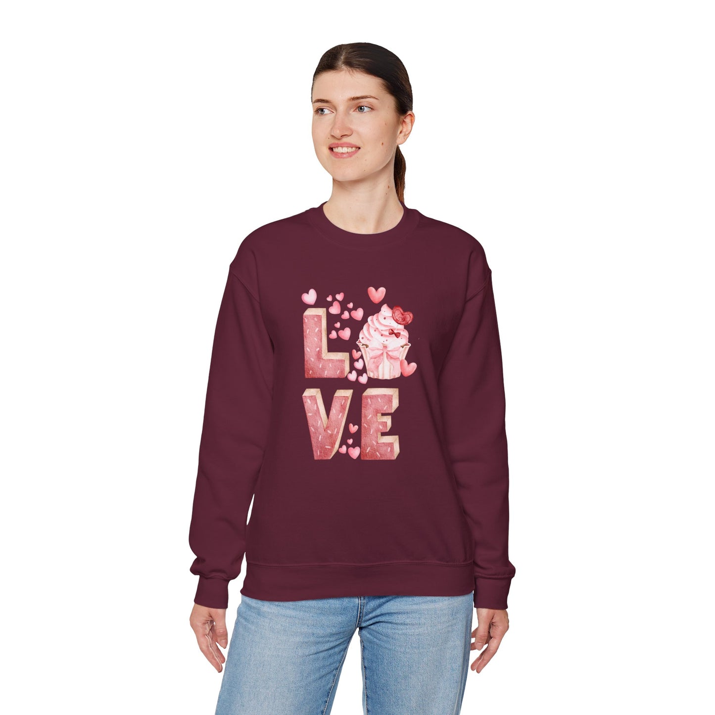 Stacked "Love" Cupcake Sweatshirt, Valentine's Day Gift, Cozy Unisex Sweater, Sweetheart Top, Romantic Apparel