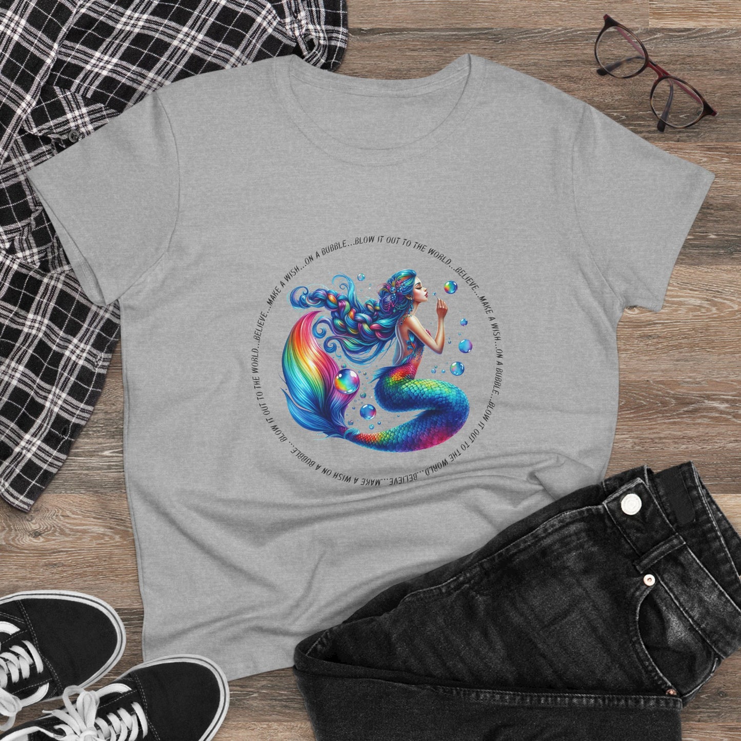 Mermaid "make a wish believe it will happen" Woman's Semi Fitted Tee