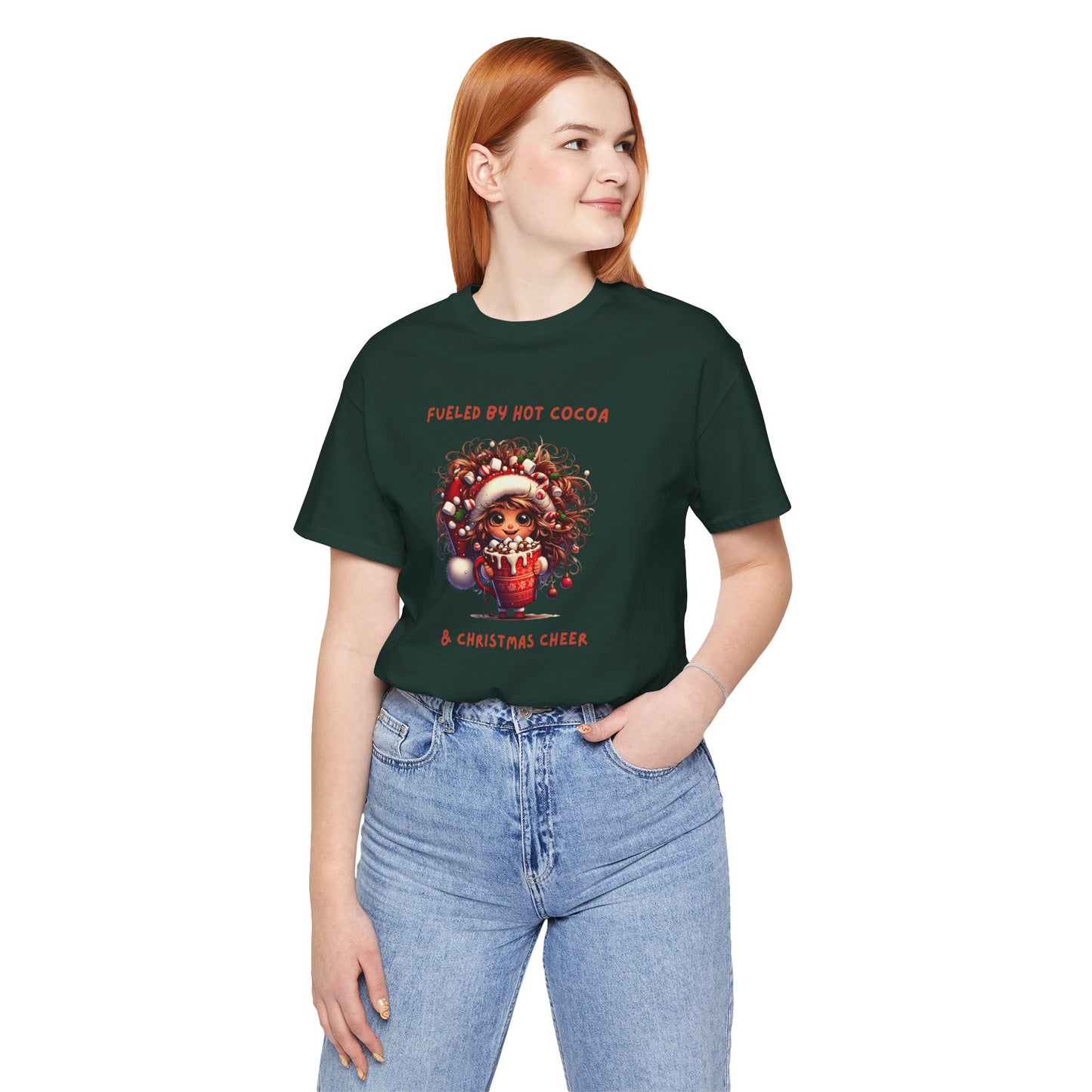 Fueled by Hot Cocoa and Holiday cheer Christmas Cheer Cocoa Womans Tee, Holiday T-Shirt, Unisex Festive Shirt, Cozy Winter Apparel, Christmas Gift for Her