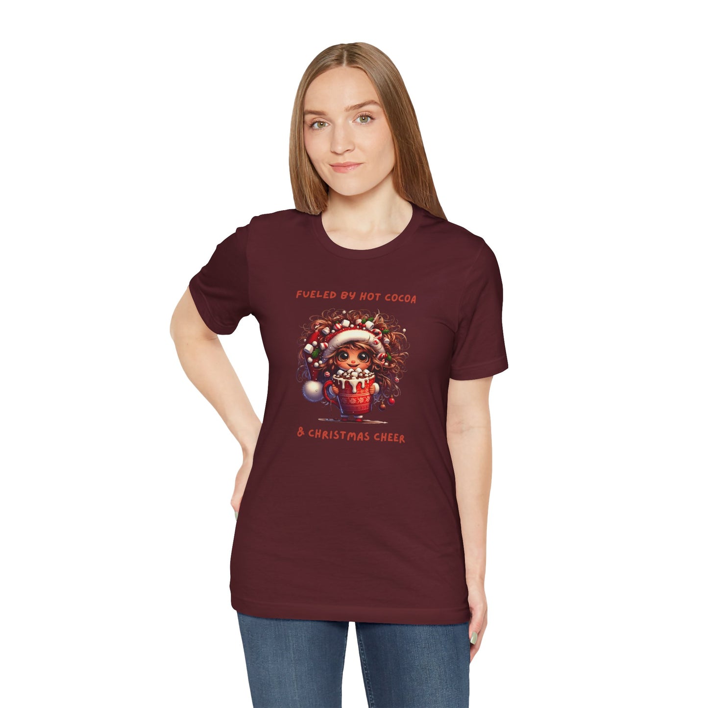 Fueled by Hot Cocoa and Holiday cheer Christmas Cheer Cocoa Womans Tee, Holiday T-Shirt, Unisex Festive Shirt, Cozy Winter Apparel, Christmas Gift for Her