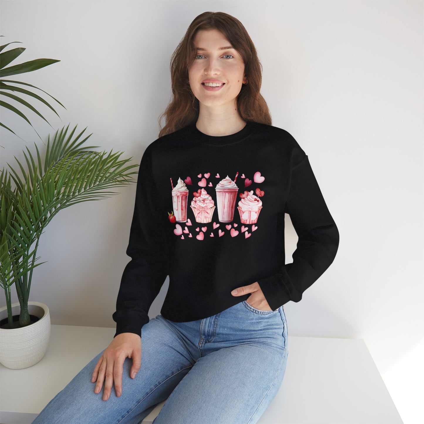 Sweet Treats Love Sweatshirt, Cozy Valentine's Gift, Cute Cupcake Apparel, Dessert Lover Crewneck, Girls' Night Out Style, Heart-Themed