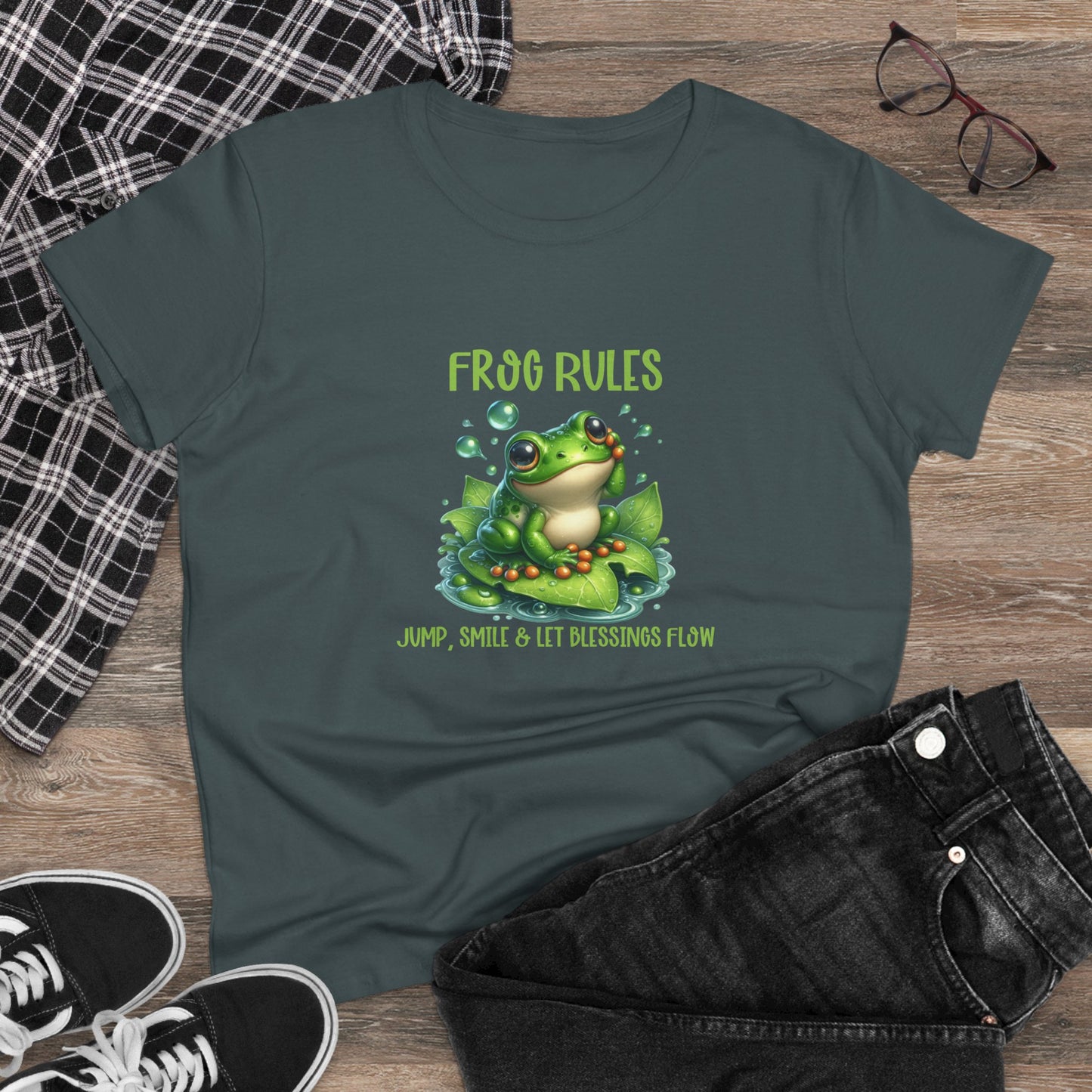 Frog Rules jump smile let blessings flow Womens semi fit Cotton Tee