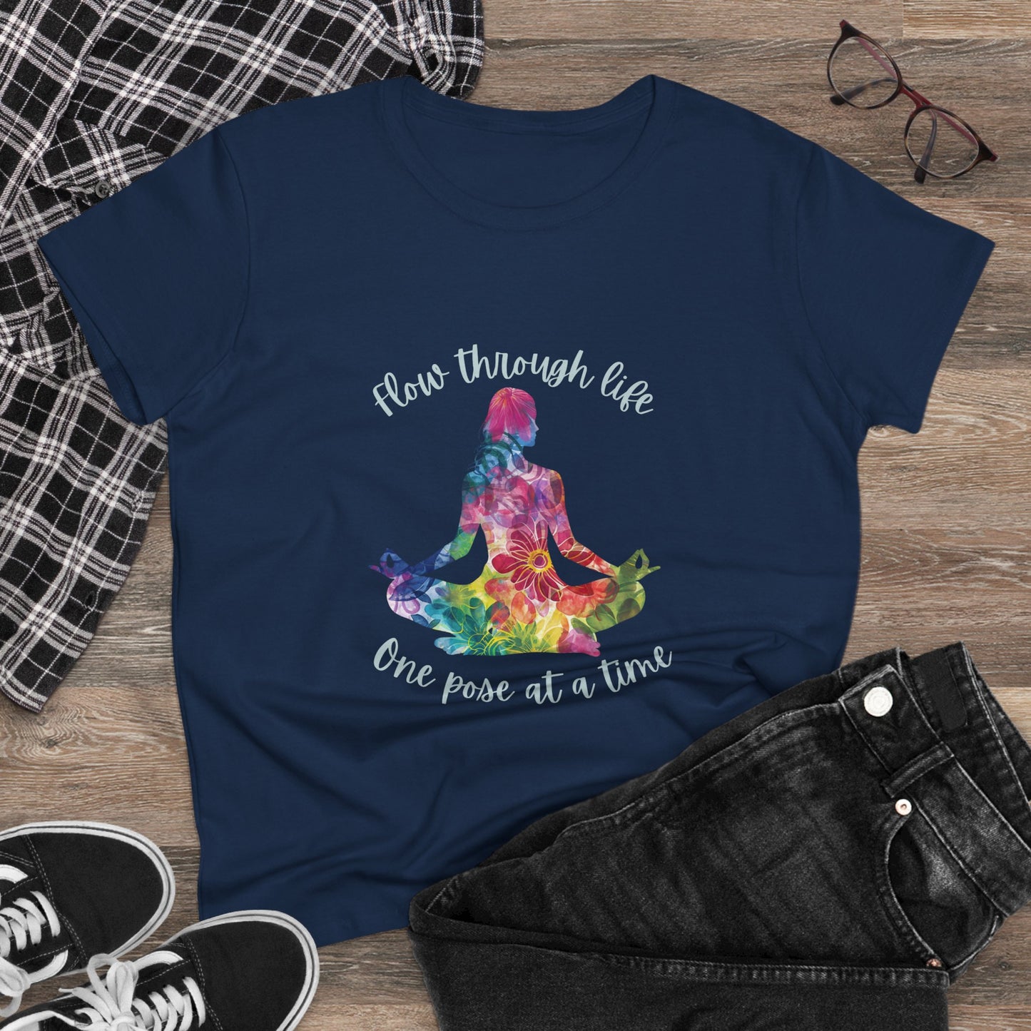 Yoga Tee - "Flow Through Life, One Pose at a Time" Woman's Semi fit tee