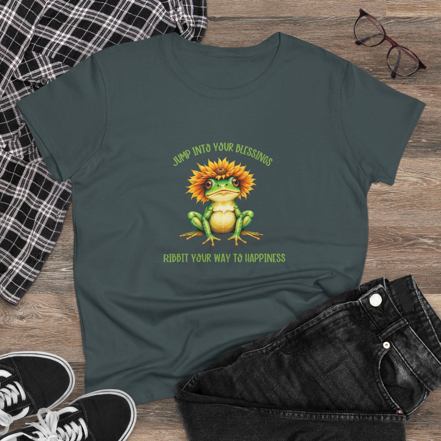 Jump Into Your Blessings Ribbit your way to happiness cute frog Womans semi fit tee