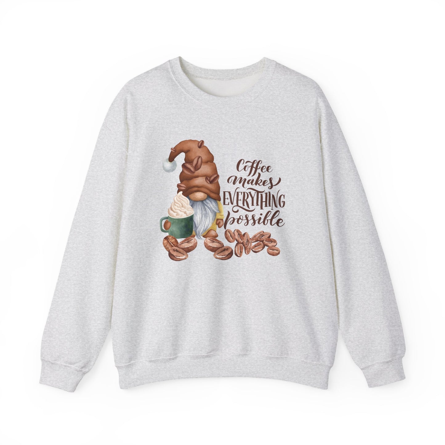 Coffee Makes Everything Possible Sweatshirt, Cozy Gift for Coffee Lovers, Fall Fashion, Gnome Design, Unisex Crewneck Sweatshirt, Perfect