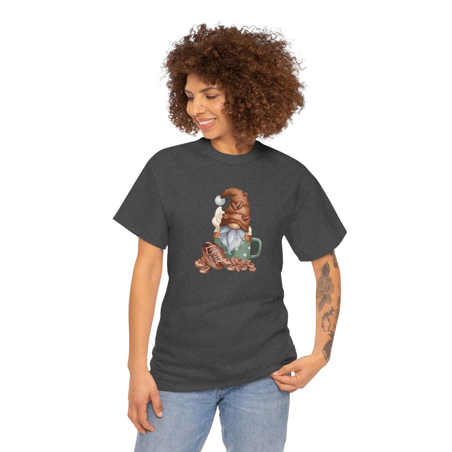 Cozy Coffee Gnome Tee, Unisex Heavy Cotton Tee, Perfect for Coffee Lovers, Holiday Gift, Cute Gnome Shirt, Casual Wear, Festive Attire
