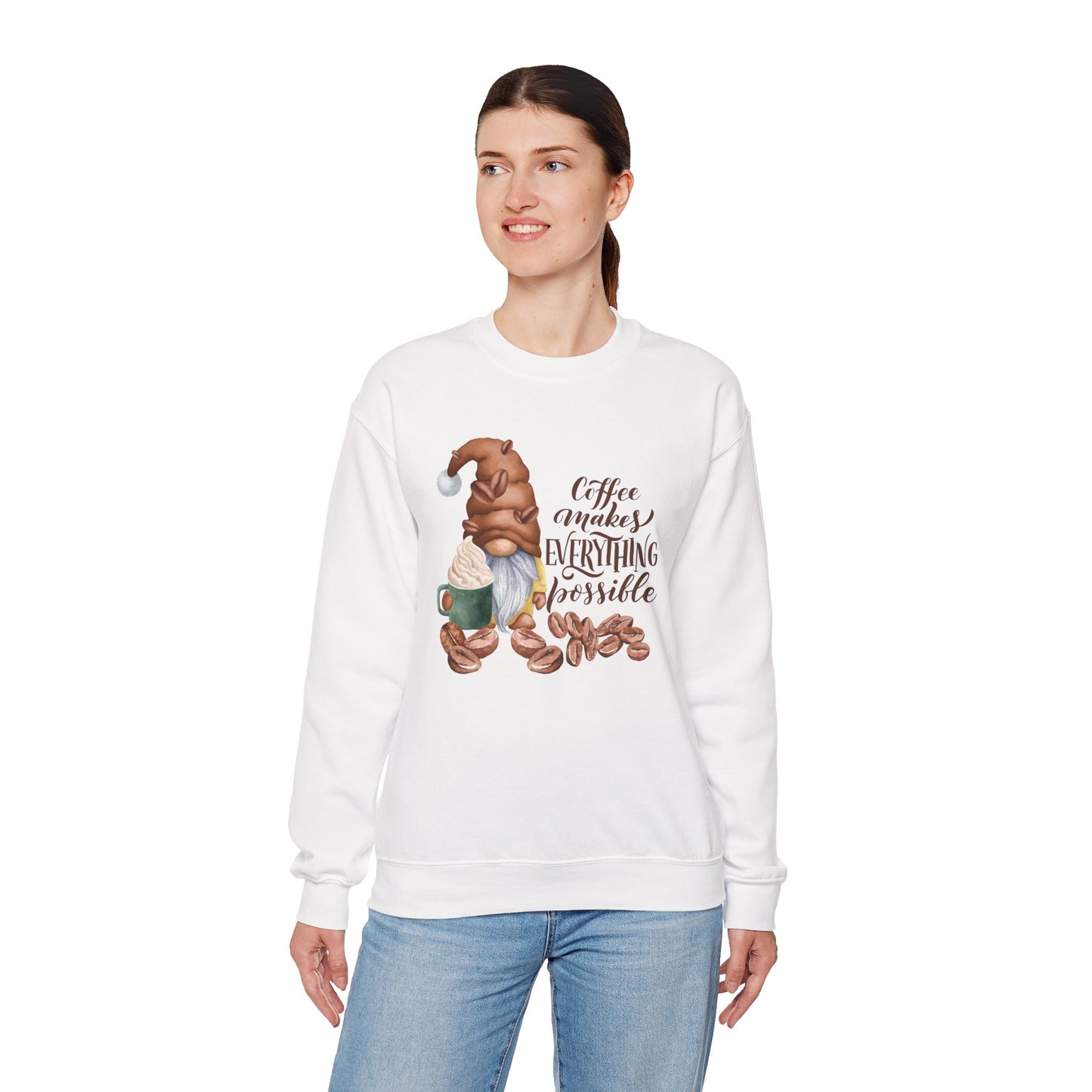 Coffee Makes Everything Possible Sweatshirt, Cozy Gift for Coffee Lovers, Fall Fashion, Gnome Design, Unisex Crewneck Sweatshirt, Perfect