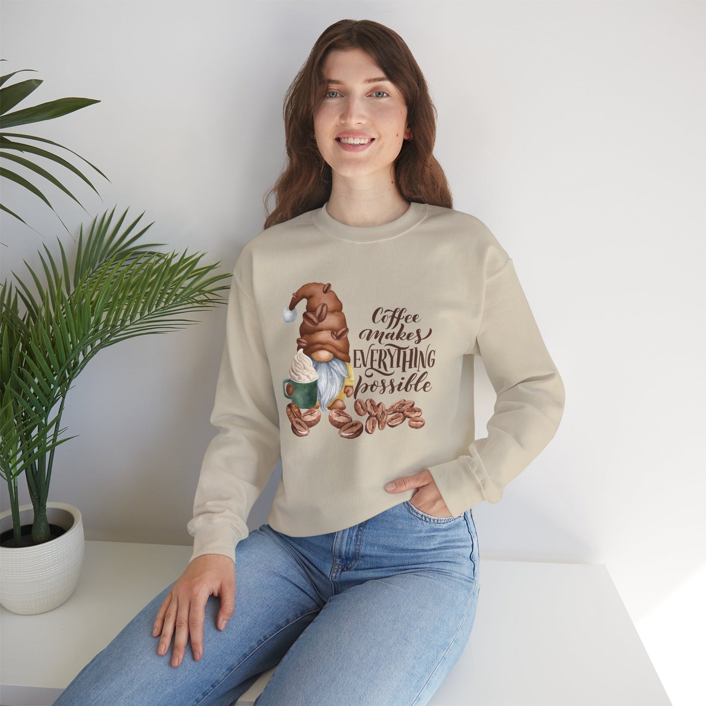 Coffee Makes Everything Possible Sweatshirt, Cozy Gift for Coffee Lovers, Fall Fashion, Gnome Design, Unisex Crewneck Sweatshirt, Perfect