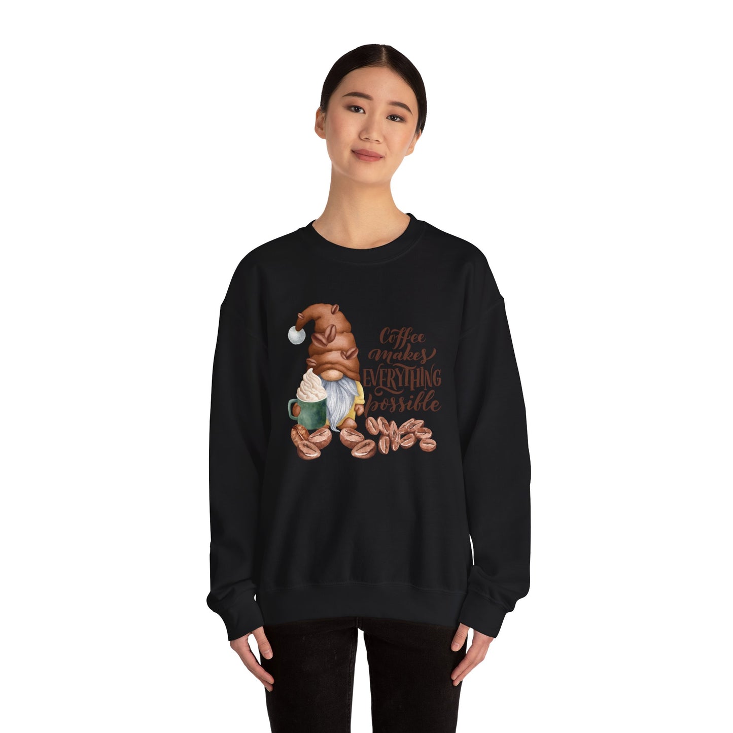 Coffee Makes Everything Possible Sweatshirt, Cozy Gift for Coffee Lovers, Fall Fashion, Gnome Design, Unisex Crewneck Sweatshirt, Perfect