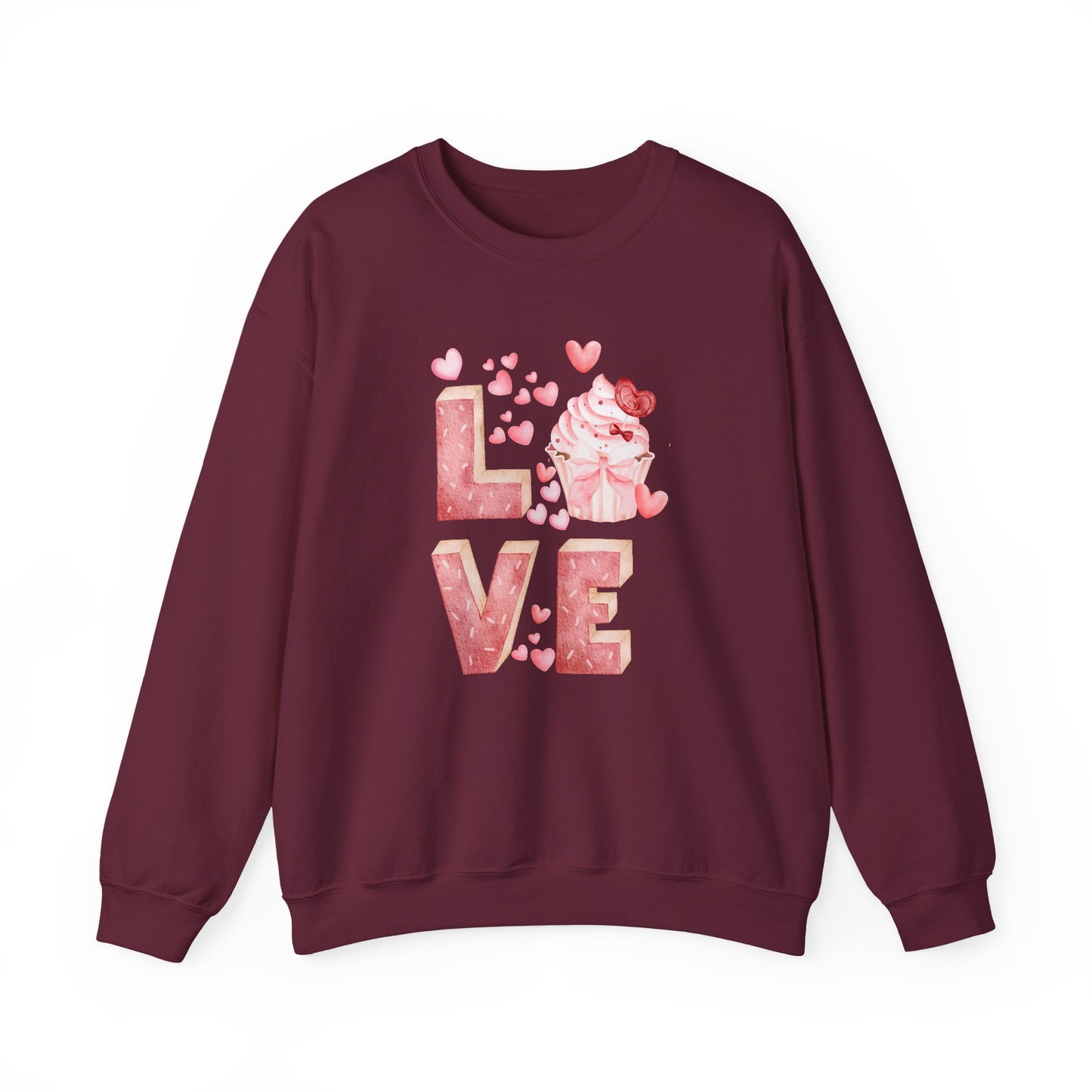 Stacked "Love" Cupcake Sweatshirt, Valentine's Day Gift, Cozy Unisex Sweater, Sweetheart Top, Romantic Apparel