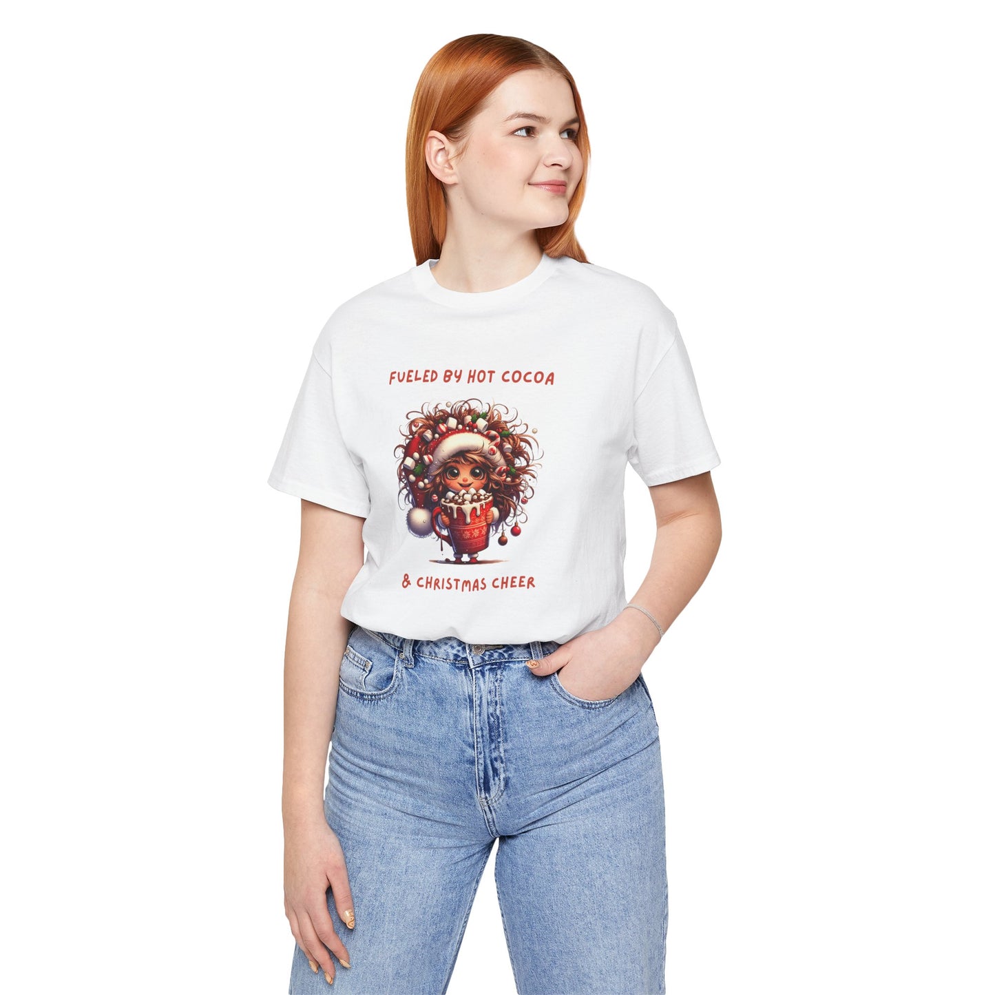 Fueled by Hot Cocoa and Holiday cheer Christmas Cheer Cocoa Womans Tee, Holiday T-Shirt, Unisex Festive Shirt, Cozy Winter Apparel, Christmas Gift for Her