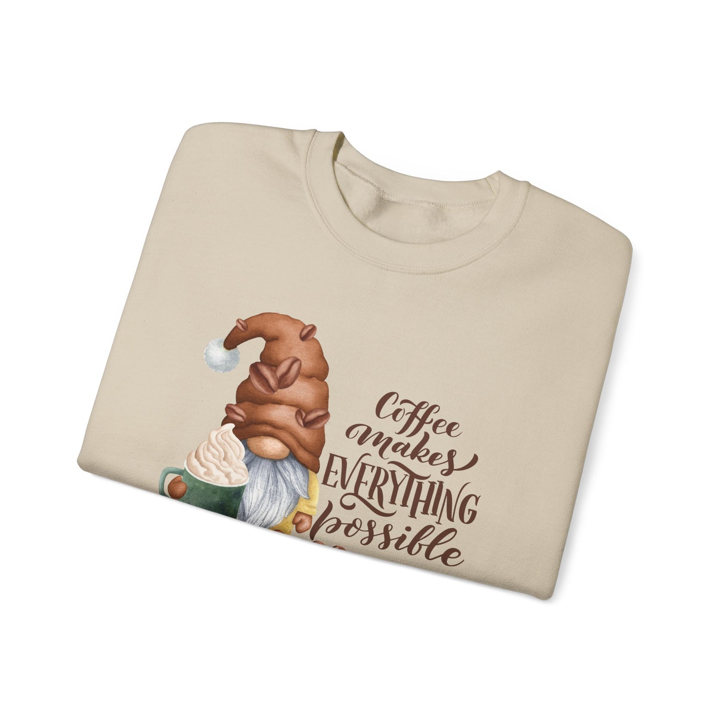 Coffee Makes Everything Possible Sweatshirt, Cozy Gift for Coffee Lovers, Fall Fashion, Gnome Design, Unisex Crewneck Sweatshirt, Perfect