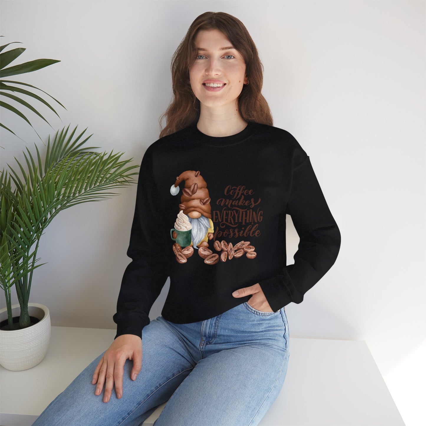 Coffee Makes Everything Possible Sweatshirt, Cozy Gift for Coffee Lovers, Fall Fashion, Gnome Design, Unisex Crewneck Sweatshirt, Perfect