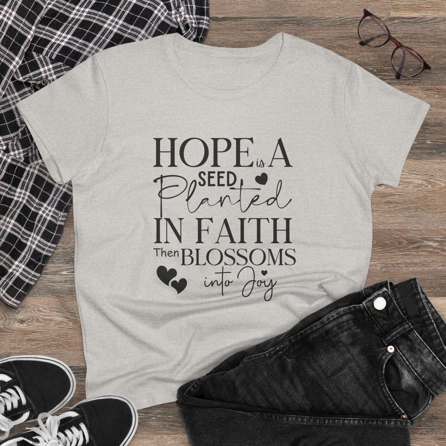 Hope is a seed planted in faith that turns into joy", Women's Semi Fit Tee