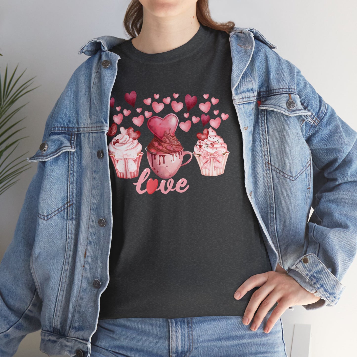 Pink Cupcakes and Hearts T-Shirt! Love Cupcake Unisex Heavy Cotton Tee, Cute Dessert Shirt, Valentines Day Gift, Sweet Treats Apparel, Birthday Party Top, Comfortable