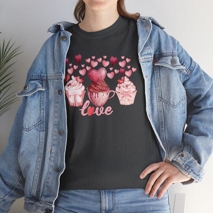 Pink Cupcakes and Hearts T-Shirt! Love Cupcake Unisex Heavy Cotton Tee, Cute Dessert Shirt, Valentines Day Gift, Sweet Treats Apparel, Birthday Party Top, Comfortable