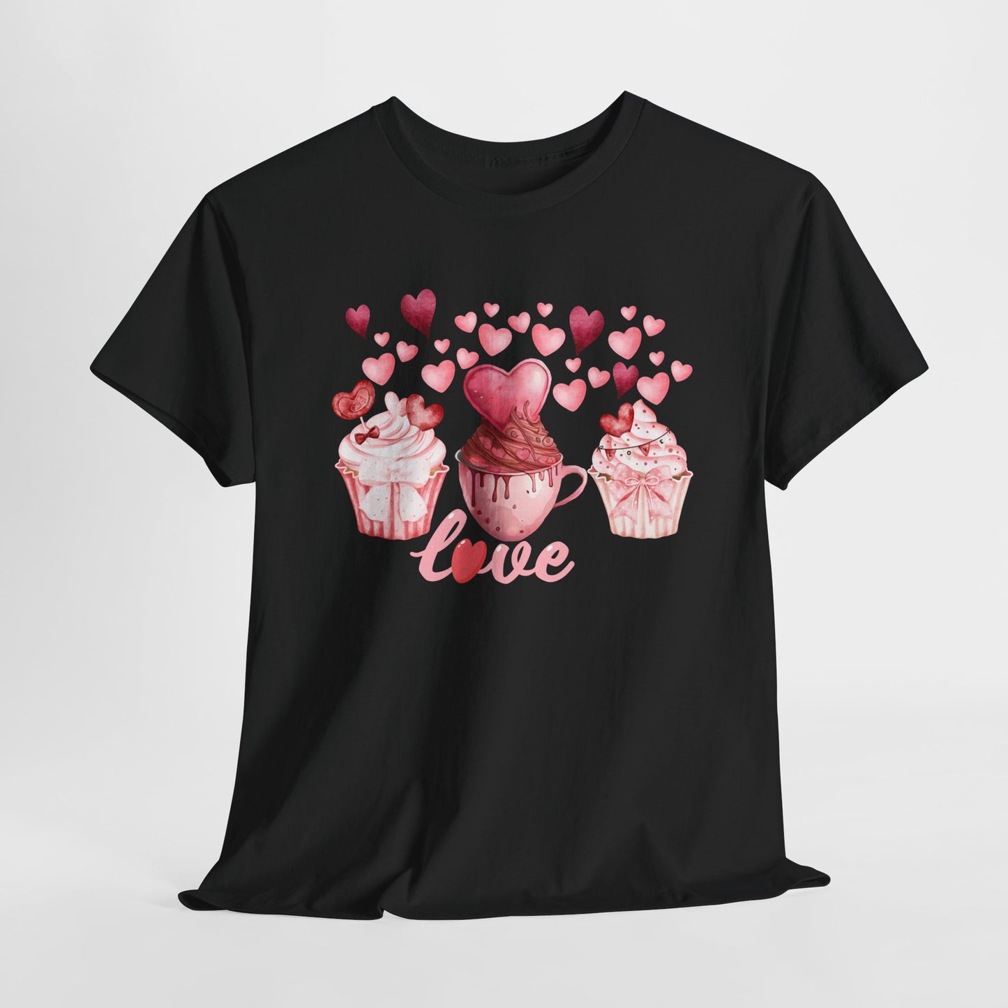 Pink Cupcakes and Hearts T-Shirt! Love Cupcake Unisex Heavy Cotton Tee, Cute Dessert Shirt, Valentines Day Gift, Sweet Treats Apparel, Birthday Party Top, Comfortable
