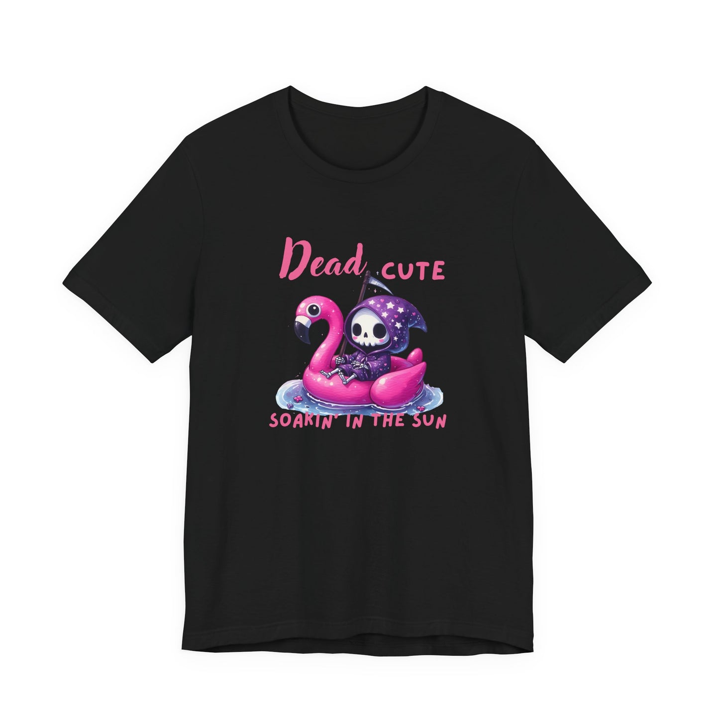 Dead Cute soakin in the sun Flamingo T-Shirt Summerween Funny Grim Reaper Shirt Halloween Vacation Vibes, Unique Gift, Beach Party Apparel