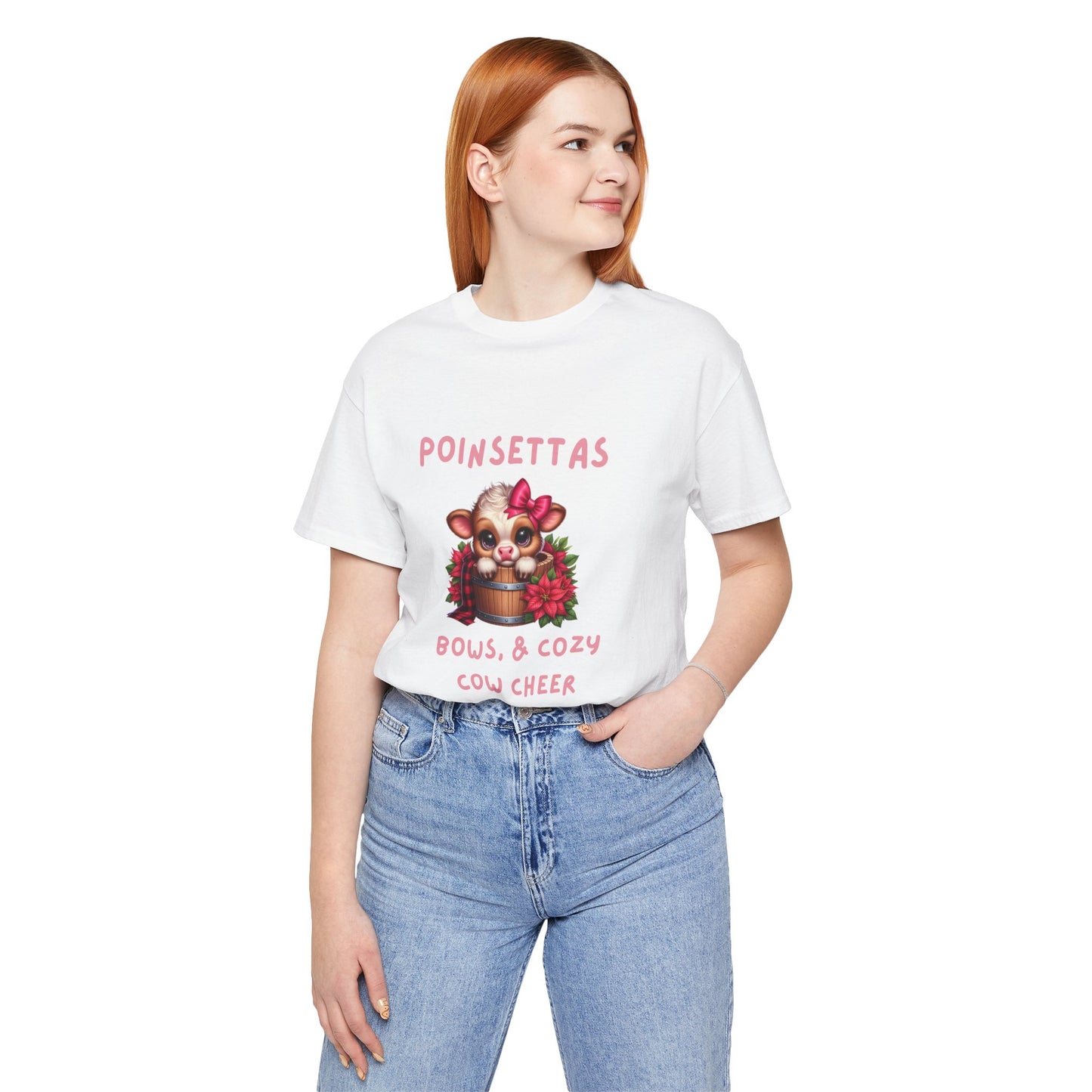 Cute Cow Poinsettia bows and cozy cow cheer Tee, Holiday Shirt, Cozy Unisex T-Shirt, Christmas Gift, Festive Apparel, Farm Animal Tee