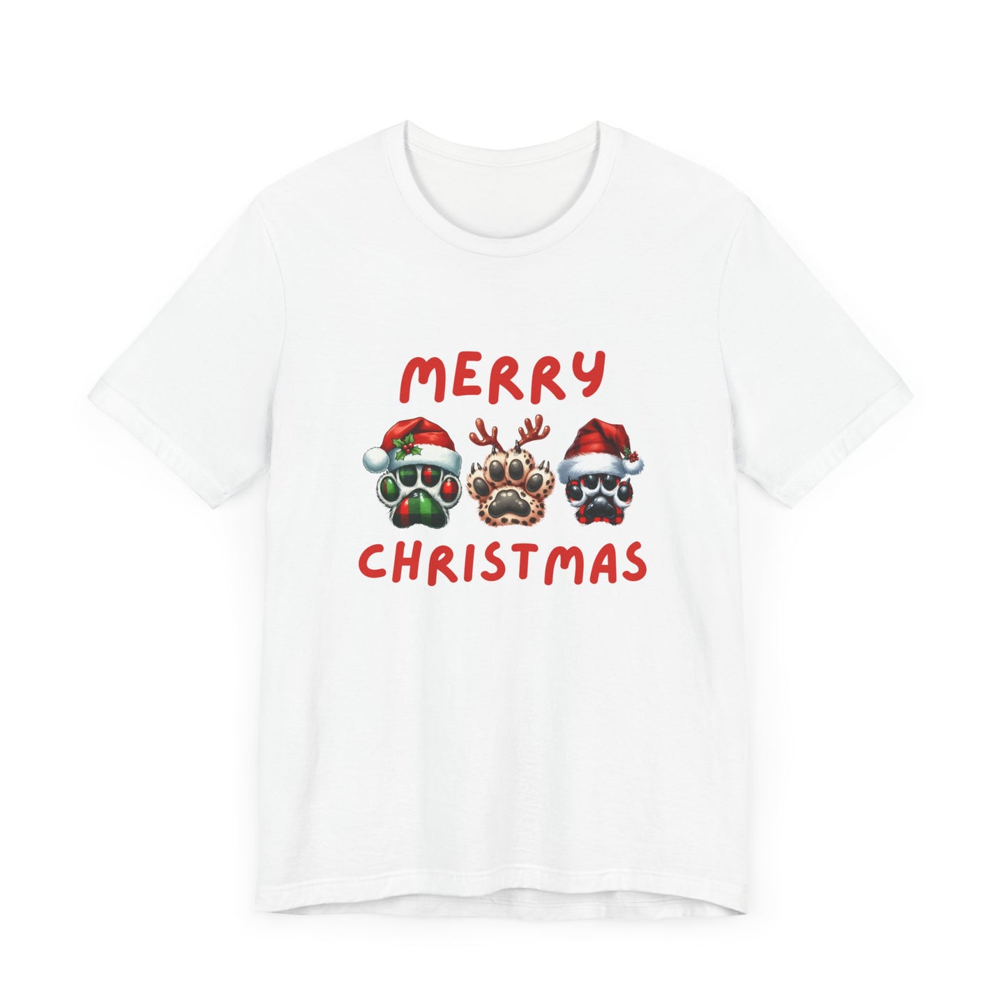 Merry Christmas paw prints Unisex Jersey Tee, Holiday T-shirt, Christmas Gift, Festive Short Sleeve, Winter Wear, Holiday Outfit, Gift for Him/Her