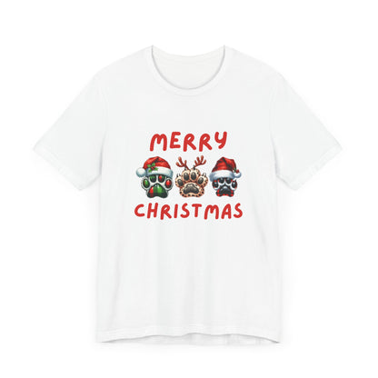 Merry Christmas paw prints Unisex Jersey Tee, Holiday T-shirt, Christmas Gift, Festive Short Sleeve, Winter Wear, Holiday Outfit, Gift for Him/Her