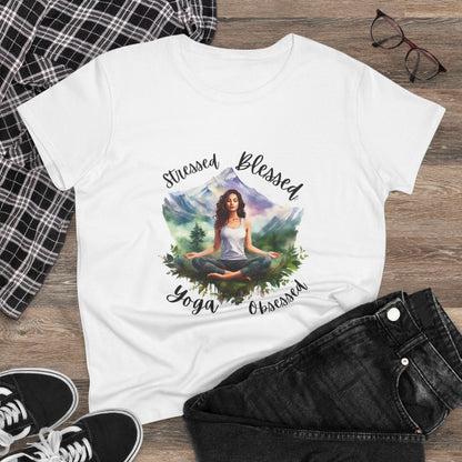 Stressed Blessed yoga Obsessed Woman's Semi fitted Shirt