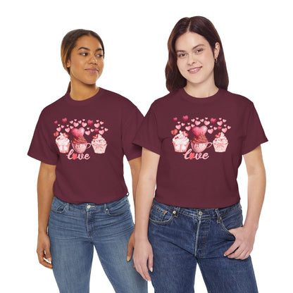 Pink Cupcakes and Hearts T-Shirt! Love Cupcake Unisex Heavy Cotton Tee, Cute Dessert Shirt, Valentines Day Gift, Sweet Treats Apparel, Birthday Party Top, Comfortable