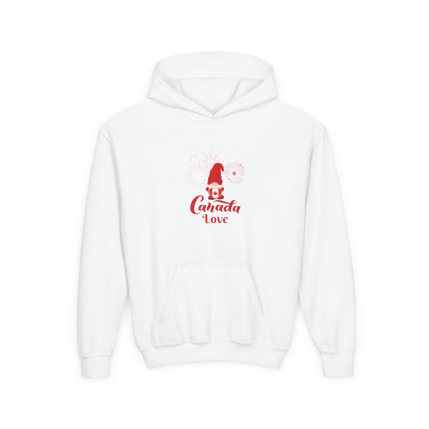 Canada Day Kids Hoodie Cute Gnome with Heart Flag Fireworks
