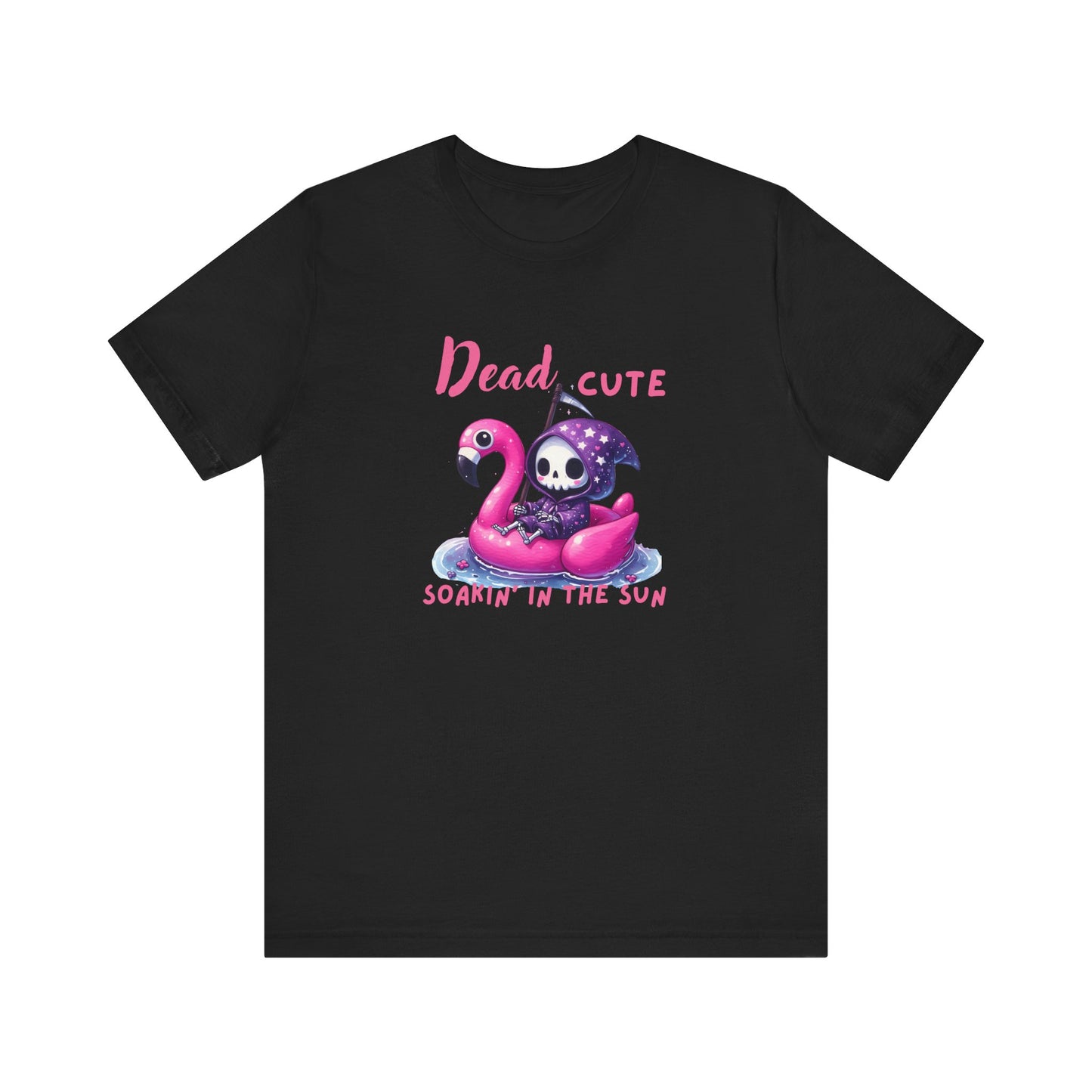 Dead Cute soakin in the sun Flamingo T-Shirt Summerween Funny Grim Reaper Shirt Halloween Vacation Vibes, Unique Gift, Beach Party Apparel