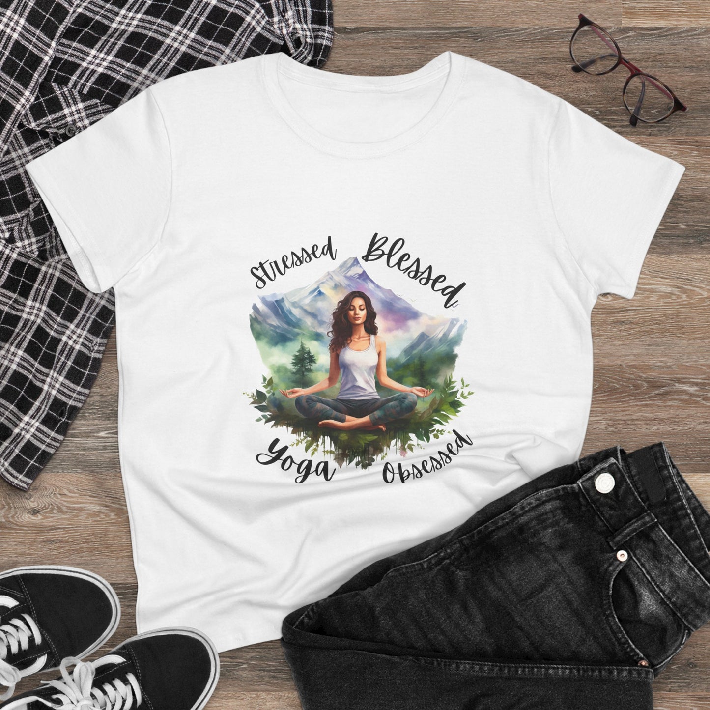 Stressed Blessed yoga Obsessed Woman's Semi fitted Shirt